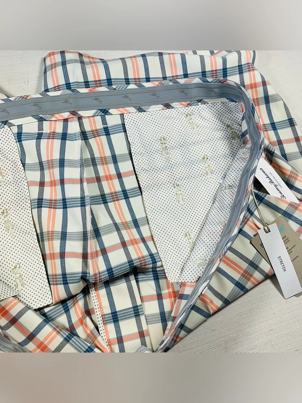 NWT TOMMY BAHAMA Men's Seaside Caddy Stretch UPF Ivory Plaid Flat Front Shorts